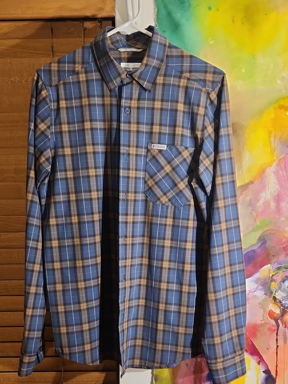 Columbia Blue and Tan Plaid Long-Sleeve Button-Down Shirt